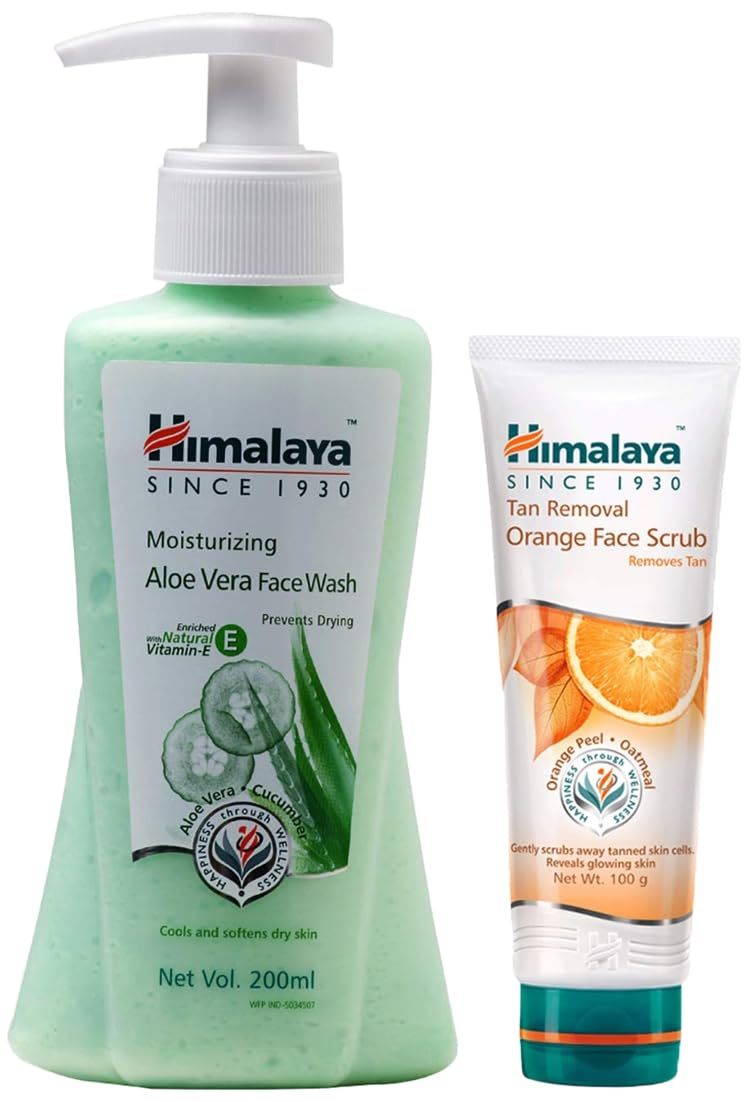 Himalaya Moisturizing Aloe Vera Face Wash, 200ml & Tan Removal Orange Face Scrub, 100g Combo