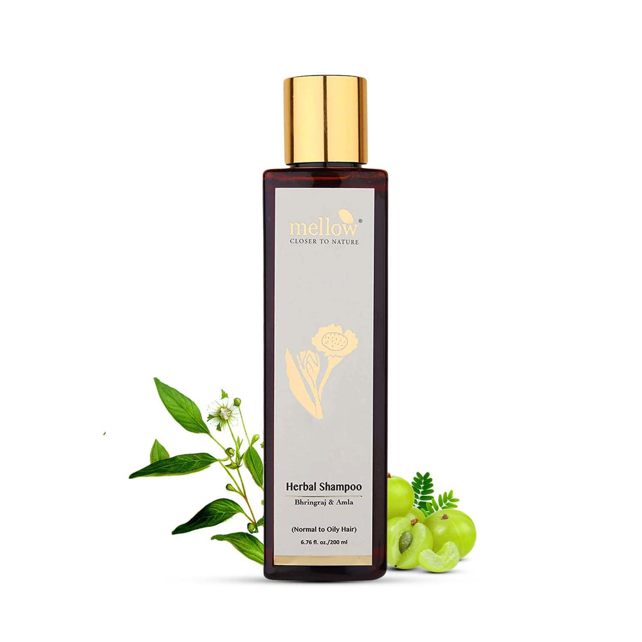 Mellow Herbal Bhringraj Shampoo For Normal To Oily Hair (200 ml) | Amla, Reetha, Shikakai & Bhringraj | Helps to balance scalp PH, Anti dandruff | Ayush Certified | 100% chemical-free
