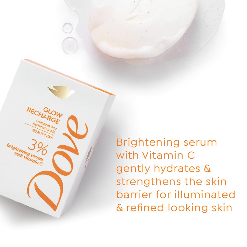 Dove Glow Recharge Serum Beauty Bar | 3% Brightening serum + Vit C | Energizes & Illuminates skin | Paraben & SLS free | 375g (125g x 3)