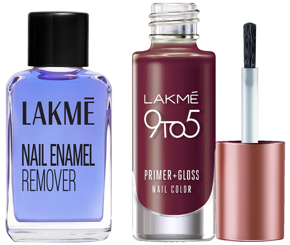 Lakmé 9 To 5 Primer + Glossy Finish Nail Colour & Nail Color Remover Combo, 6 Ml