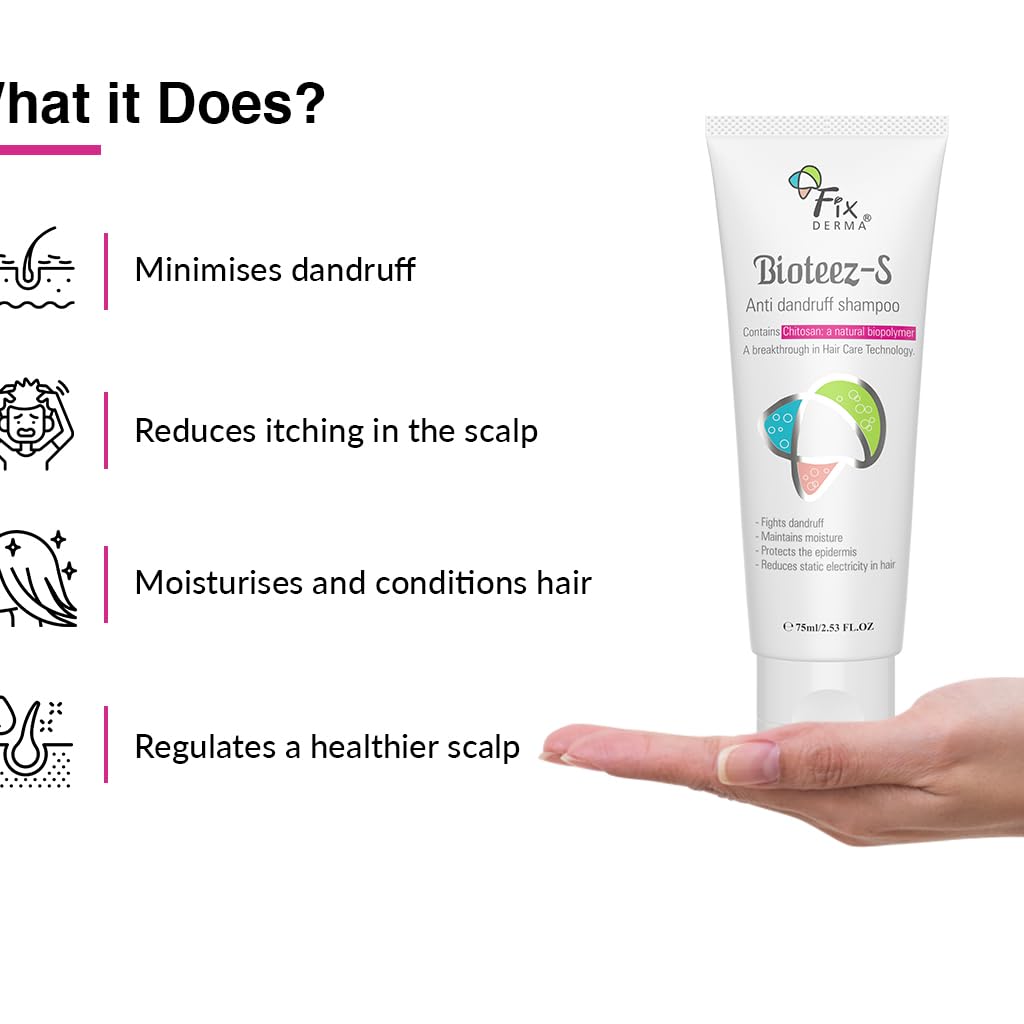 Fixderma Bioteez-S, Anti Dandruff Shampoo, Flaky Scalp Condition, Nourish Dry Hair, Relieves Itchy & Dry Scalp, Recurrent Dandruff, Sulphate & Paraben Free Formulation - 75ml
