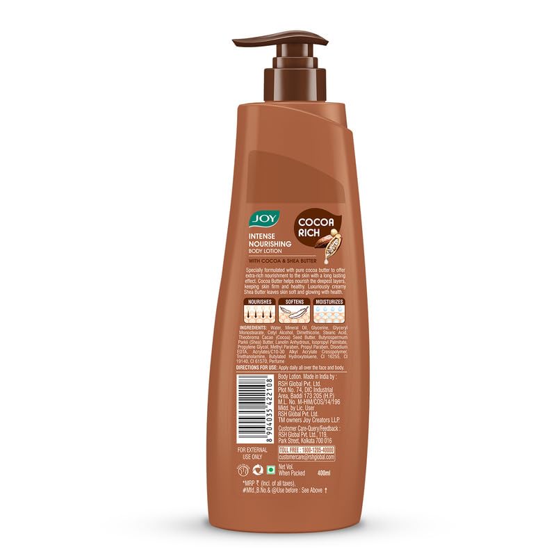 Joy Cocoa Rich Intense Nourishing Body Lotion (600ml) | 24 Hour Nourishment | With Shea Butter & Cocoa Butter | Suitable for Normal to Dry Skin | Non Sticky & Non Greasy Lightweight Body Lotion