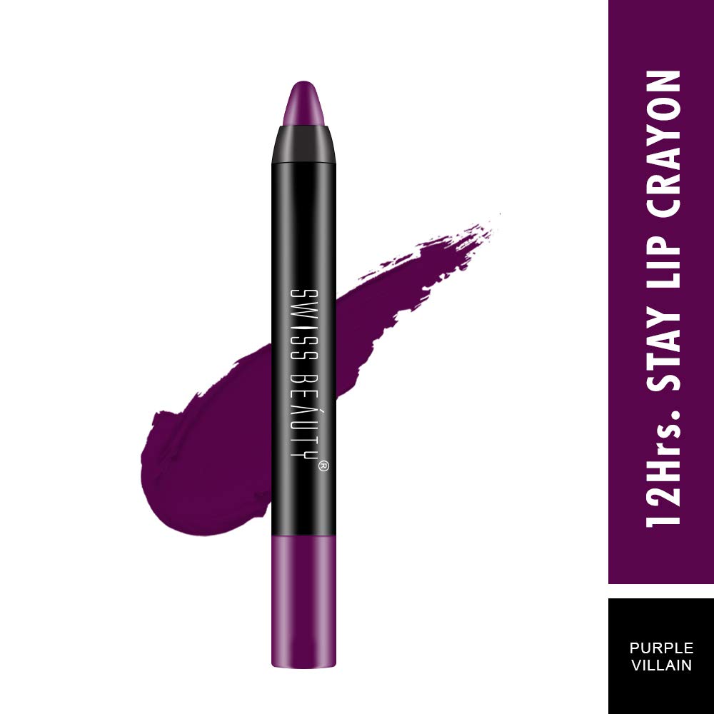 Swiss Beauty 12 Hrs. Stay Matte Lip Crayon, Purple Villain, 3g - Long Lasting, Waterproof, Super Stay, Matte Finish Lip Crayon, Long Wear, Crayon Lipstick