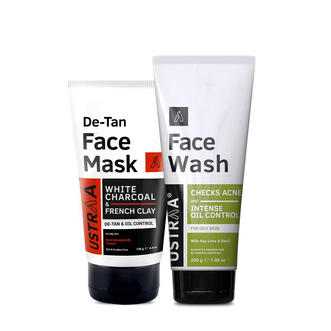 Ustraa Face Wash - Oily Skin - 200g | With Basil & Key Lime - For Acne-Prone Skin | Checks Blackheads & De-Tan Face Mask Oily Skin - 125g - Effectively Removes Tan & Pollutants | with White Charcoal