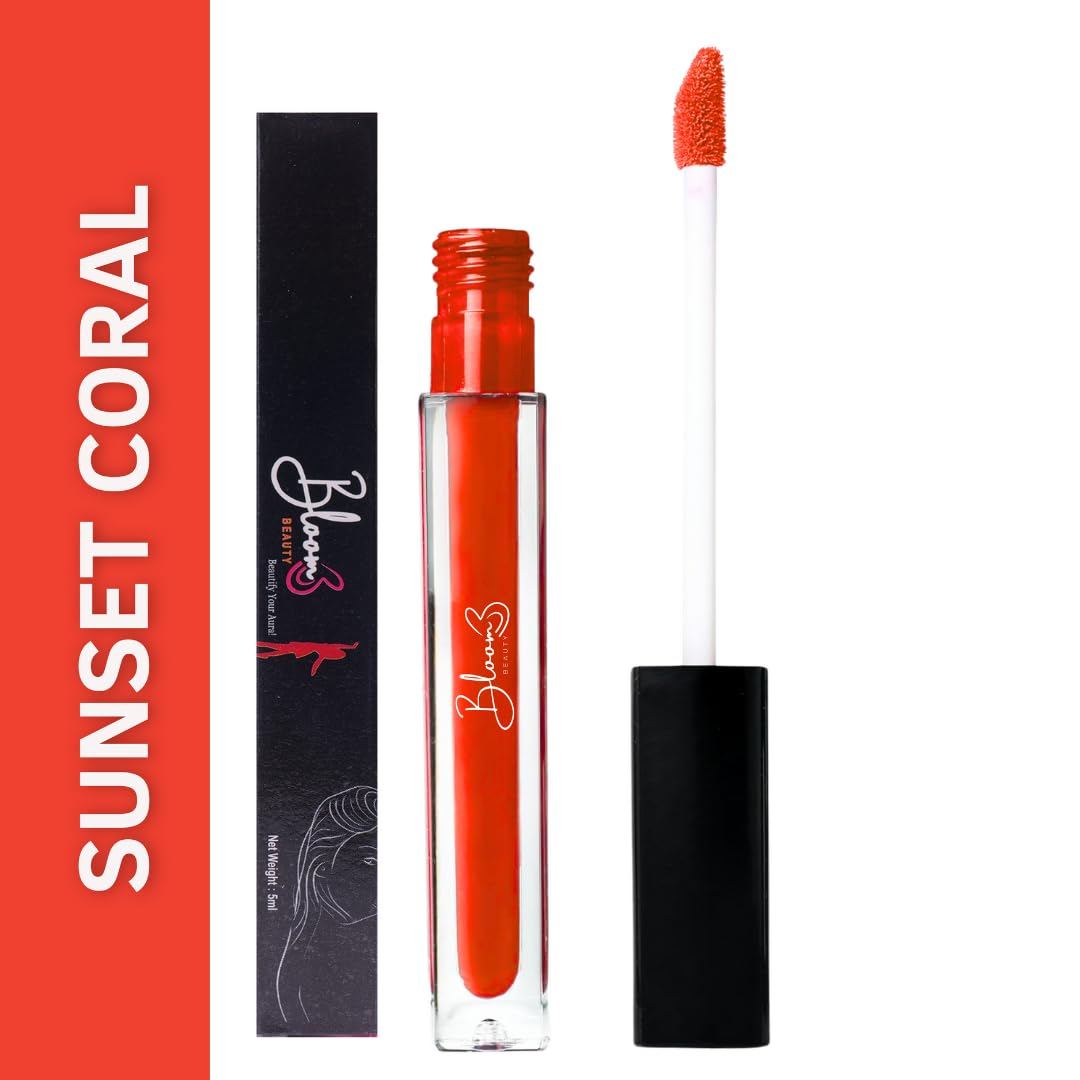 Bloom Beauty Liquid Lipstick, Velvet Matte Finish, Lightweight & Hydrating | Long-Lasting Wear, (Sunset Coral)