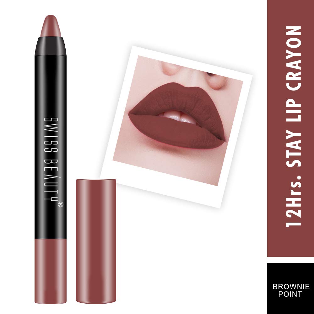 Swiss Beauty 12 Hrs. Stay Matte Lip Crayon, Brownie Point, 3g - Long Lasting, Waterproof, Super Stay, Matte Finish Lip Crayon, Long Wear, Crayon Lipstick