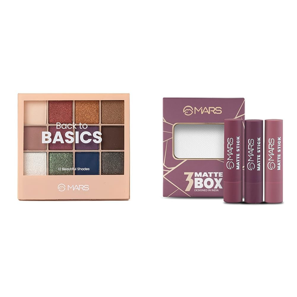 MARS 12 Shades Back to Basics Eyeshadow Palette with Free Applicator (14.4 gm) (Shade-01) Matte Box Set of 3 Lipsticks for Women |(3x3.2 gm) (03-Plum)
