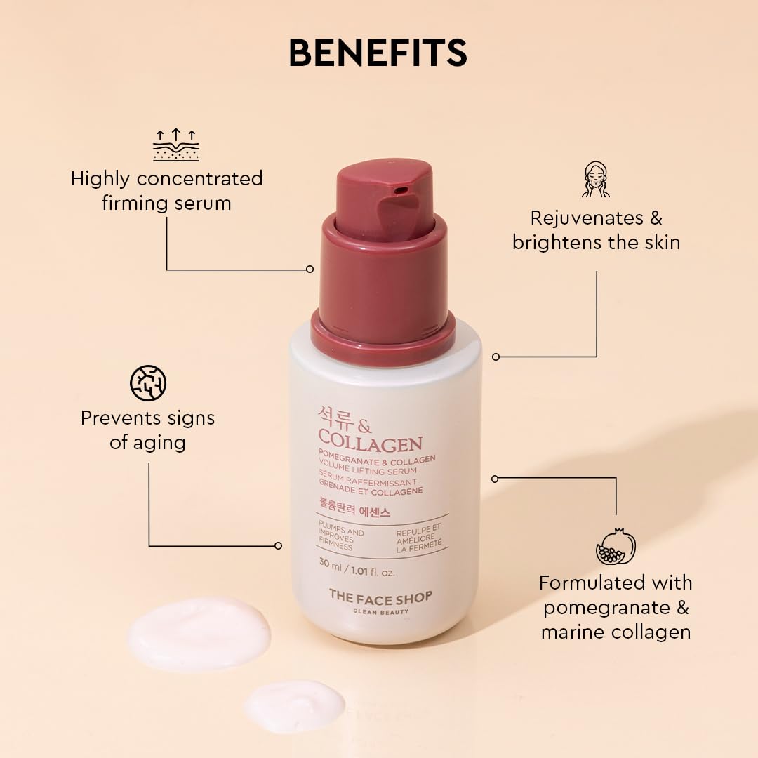 The Face Shop Pomegranate & Collagen Face Serum With 10% Marine Collagen & Hyaluronic Acid | Has Collagen to smooth wrinkles & Hyaluronic Acid for Intense Hydration |All in One Korean Face Serum, 30Ml