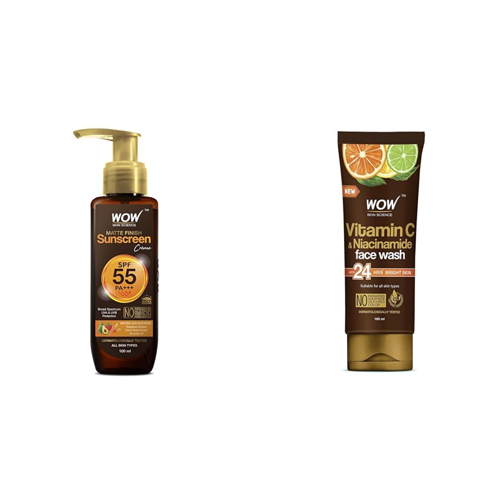 WOW Skin Science Sunscreen For All Skin Types Spf 55 Pa+++ Matte Look Ultra Light & Brightening Vitamin C Face Wash Combo, Pack Of 1