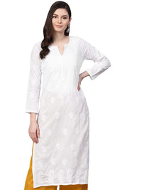 Ada Women's  Hand Embroidered Latest Chikankari Straight Cotton Kurti Kurta