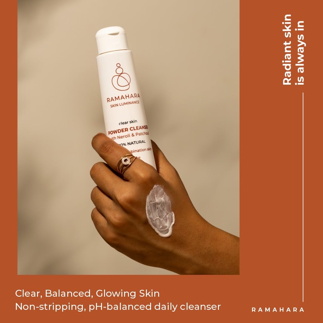 Ramahara Skin Luminance Clear Skin Powder Cleanser with Neroli & Patchouli 100% Natural Powder Face Wash, Skincare for Refreshed Face - Cleanses & Nourishes oily-combination skin, 60g