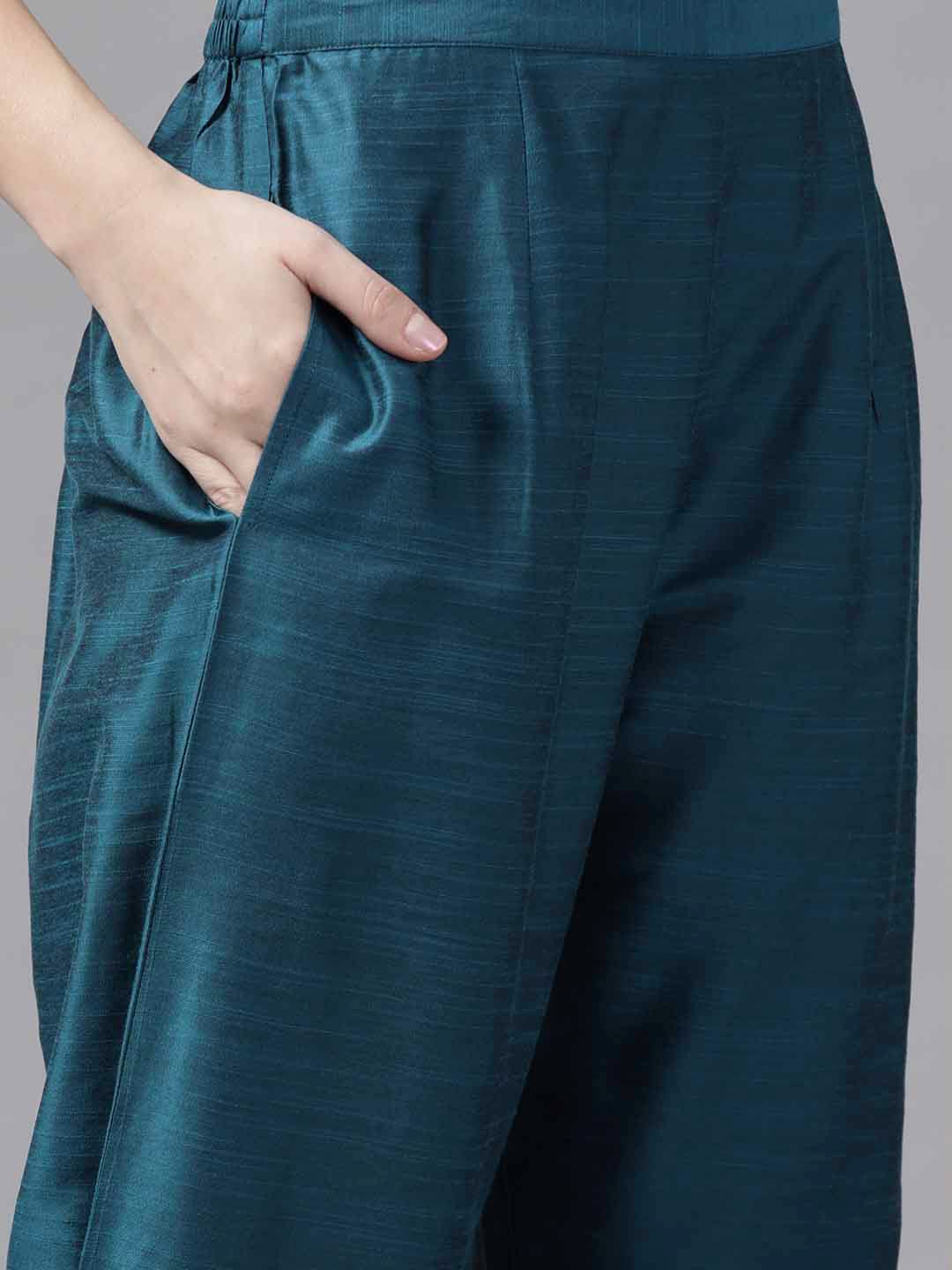 INDO ERA Women's  Silk Blend Embroidered Straight Kurta Palazzo with Dupatta Set (Teal_KH9TL9240_XS to 2XL-Size)