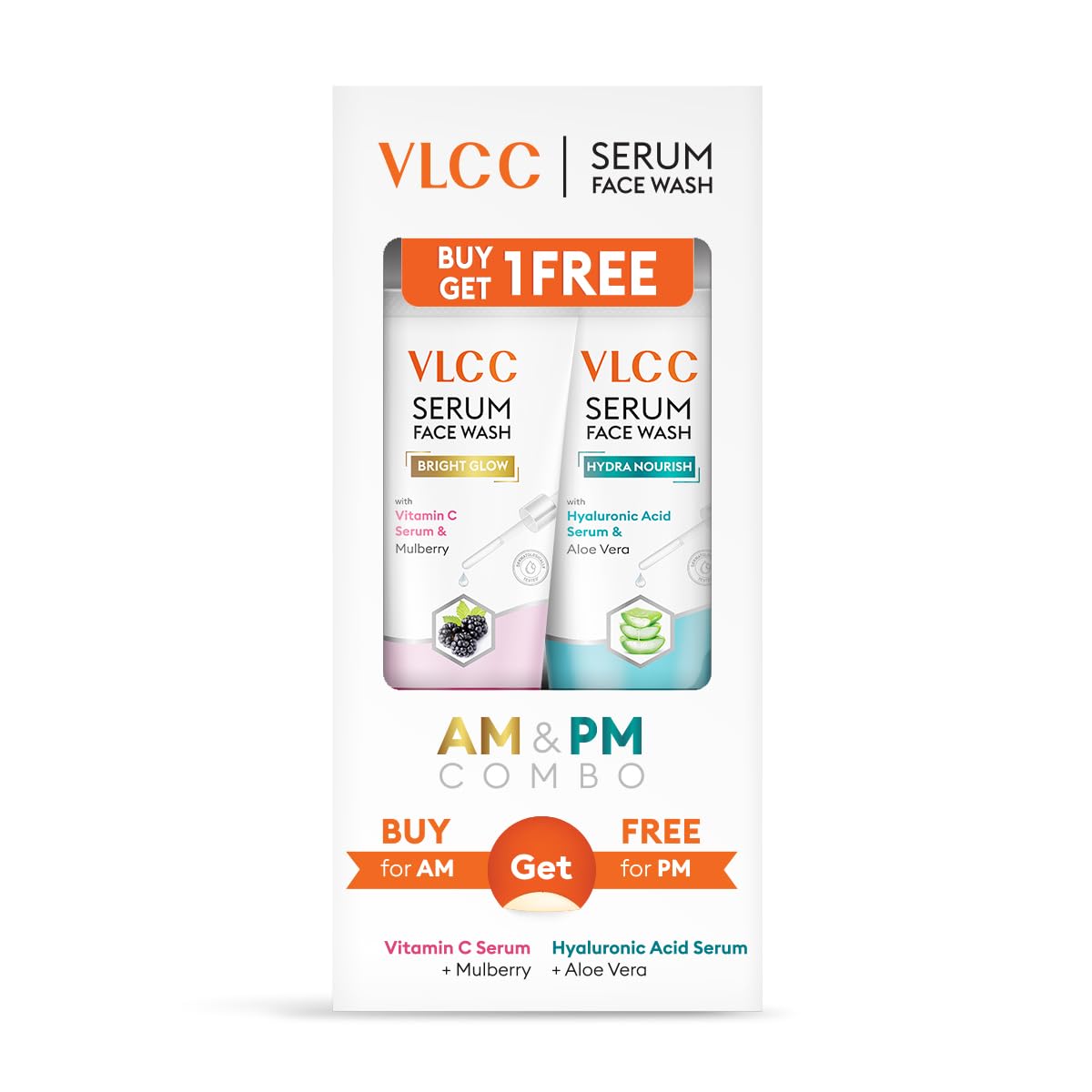 VLCC Vitamin C & Mulberry Serum Facewash - 150 ml to Reduce Blemishes & Brighten for AM | with Free Hyaluronic Acid & Aloe Vera Serum Facewash - 150 ml to Strengthen Skin Barrier for PM (B1G1)