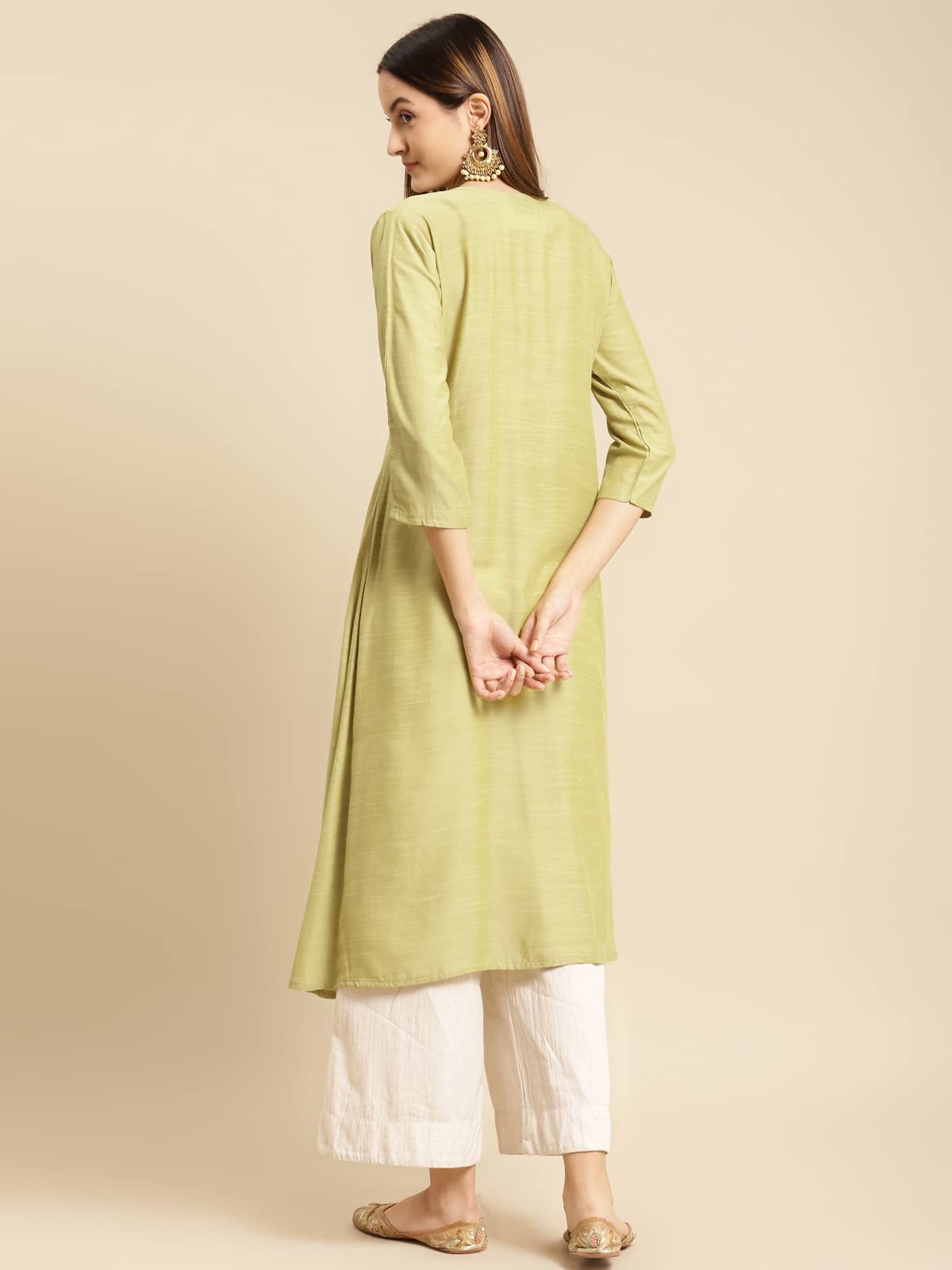 rangita Women Mint Green Yoke Zari Embroidered Calf Length A-Line Kurti