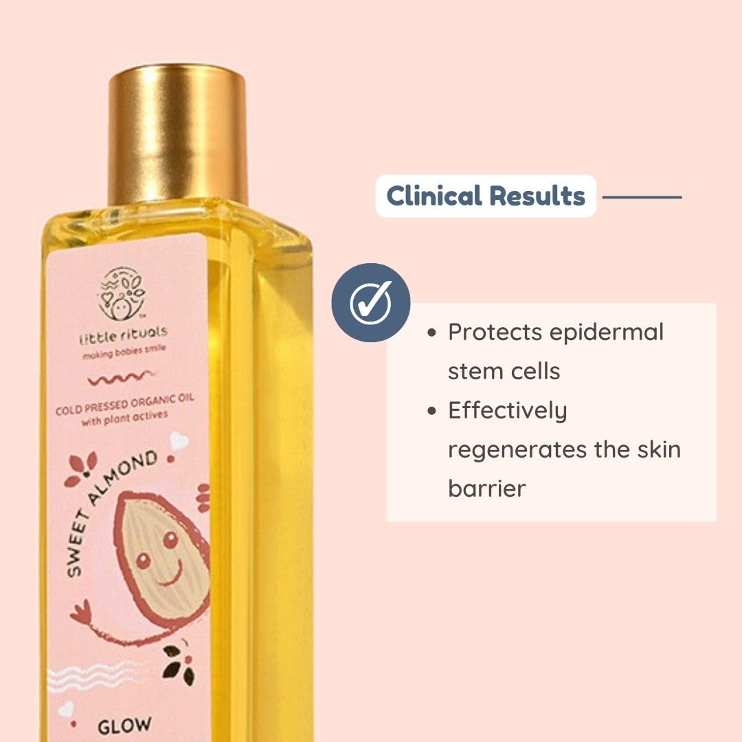 Little Rituals SWEET ALMOND (BADAM OIL) Baby Massage Oil and Hair oil, Cold Pressed and Certified ORGANIC with SWISS Plant Actives. Dermatologist Tested by Pediatrics, Mild & Gentle & Safe (200 ML)