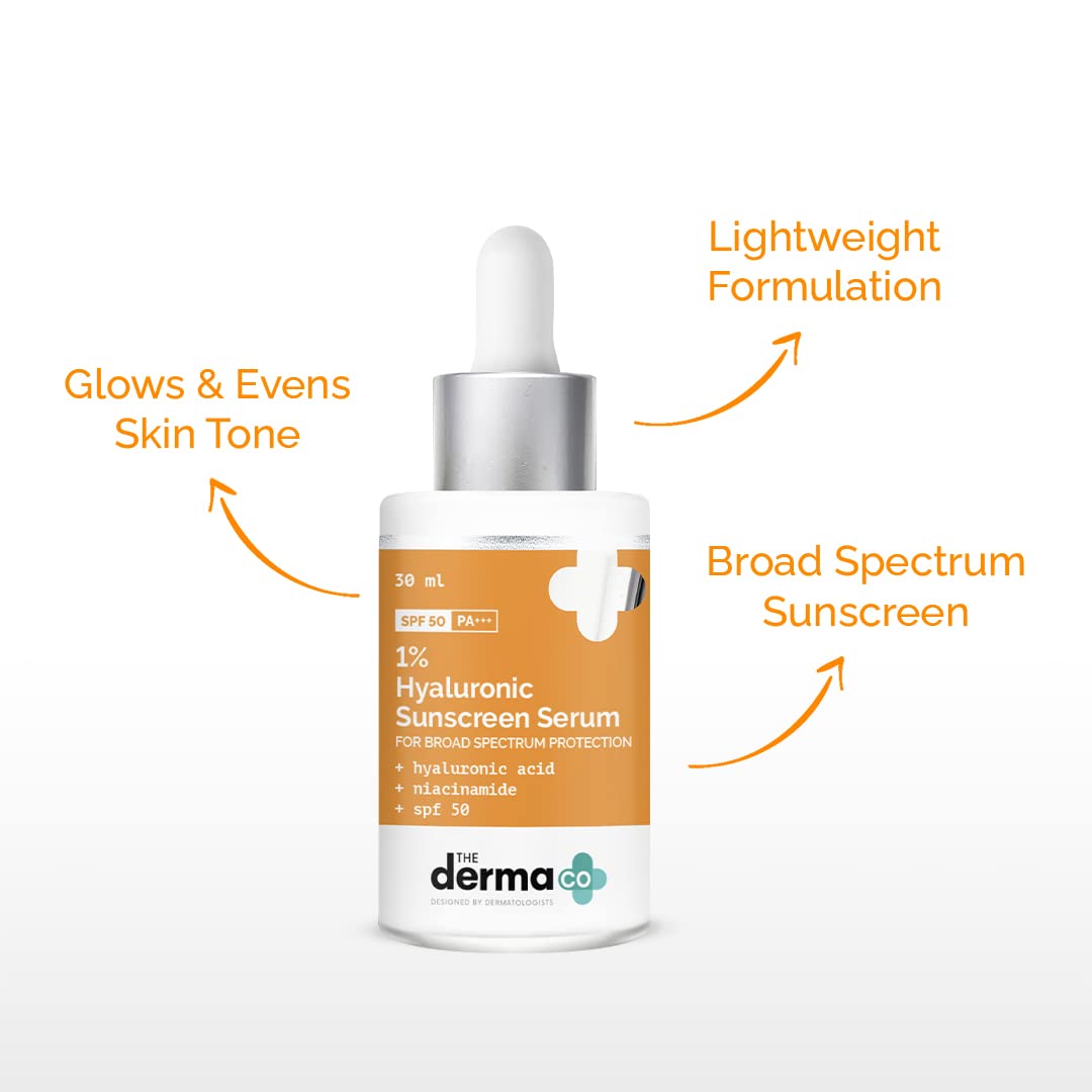 The Derma Co 1% Hyaluronic Acid Sunscreen For All Skin Types Serum With Spf 50 & Niacinamide For Broad Spectrum Protection - 30Ml, Pack Of 1