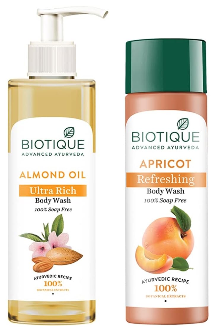 Biotique Bio Apricot Refreshing Body Wash, 190Ml & Almond Oil Ultra Rich Body Wash, Botanical Extracts, 200 Ml