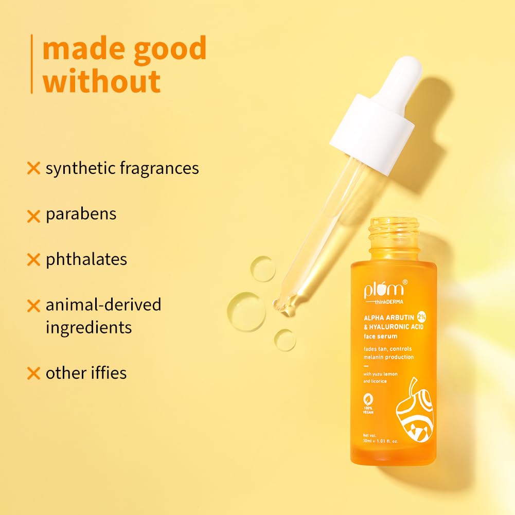Plum 2% Alpha Arbutin & Hyaluronic Acid Face Serum | Fades Tan | Brightens Skin | Controls Melanin Production | with Yuzu Lemon & Licorice | Fragrance-Free | 100% Vegan | 30 ml