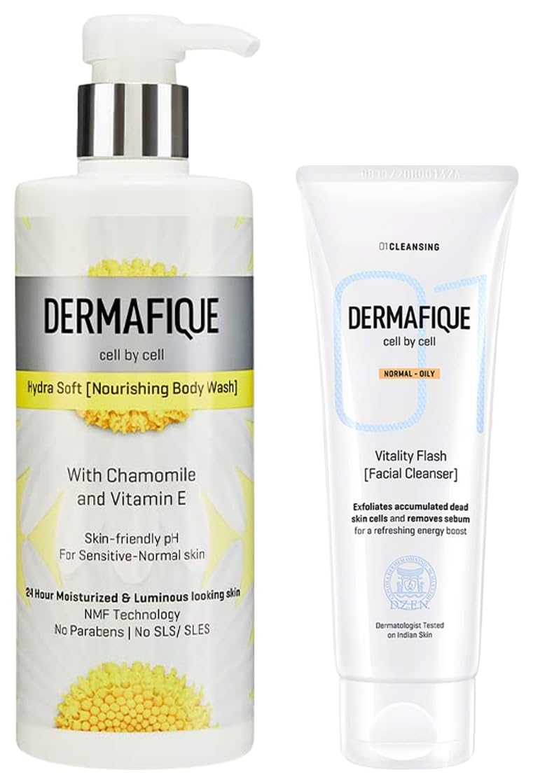 Dermafique Hydra Soft Nourishing Body Wash – 500ml Body Wash Enriched with Vitamin E Chamomile Suitable for Sensitive Normal Skin Balances Skin pH Vitality Flash Facial Cleanser – 100ml