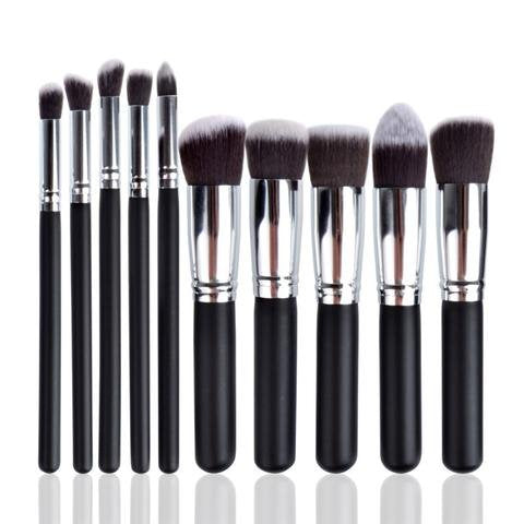 URBANMAC Premium Synthetic Kabuki Foundation Face Powder Blush Eyeshadow Brush Makeup Brush Kit with Blender Sponge and Brush Cleaner (10 pcs, Black/Silver)