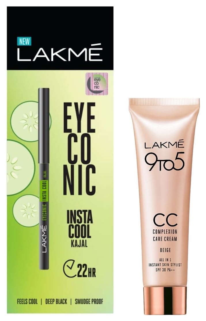Lakmé Eyeconic Insta Cool Kajal, Black, Cooling Kohl Liner with Cucumber, Twist Up Pencil, 0.35 g & Lakmé 9 to 5 CC Cream Mini, 01 - Beige, Light Face Makeup with Natural Coverage, SPF 30, 9 g