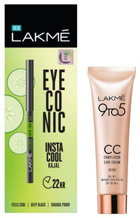Lakmé Eyeconic Insta Cool Kajal, Black, Cooling Kohl Liner with Cucumber, Twist Up Pencil, 0.35 g & Lakmé 9 to 5 CC Cream Mini, 01 - Beige, Light Face Makeup with Natural Coverage, SPF 30, 9 g