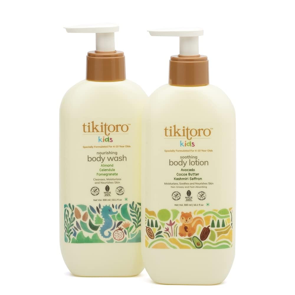Tikitoro Kids Body Combo Pack | 100% Vegan with Nourishing Body Wash & Soothing Body Lotion | No Parabens & Sulphates | Gift Combo Pack (Age: 4+) (300 ml x 2)