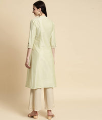 rangita Women Solid Embroidered Calf Length A Line Kurti with Sleeves Tabs