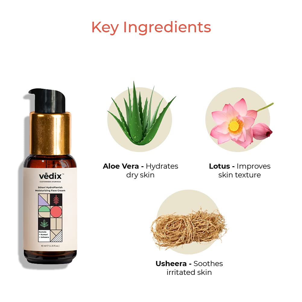 Vedix Sthavi HydroPlenish Moisturizing Face Cream For Dry/Sensitive Skin With Lotus, Aloe Vera and Usheera l Customized Ayurvedic Face Moisturizer - 40 ml