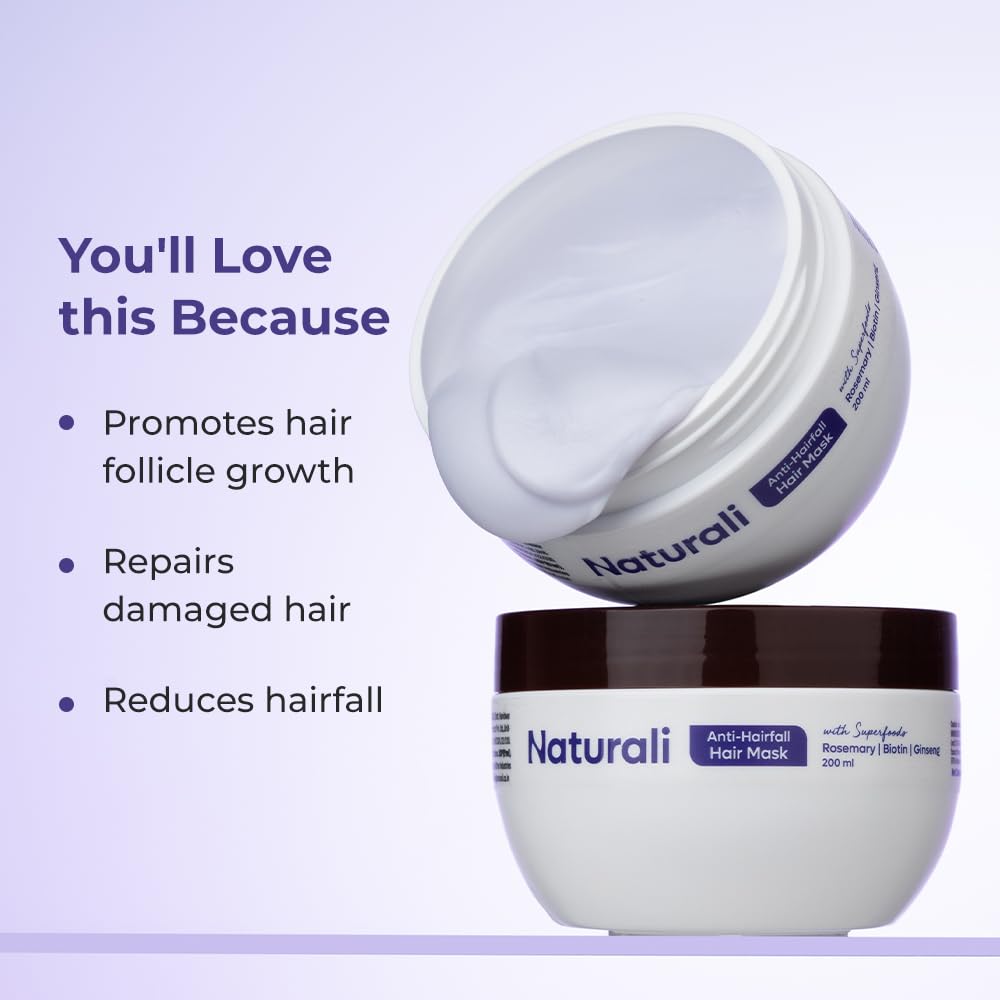 Naturali Anti-Hairfall Hair Mask With Rosemary, Ginseng & Biotin | Repairs Damaged Hair | Promotes Hair Follicle Growth | Paraben & Mineral Oil Free | 200ml