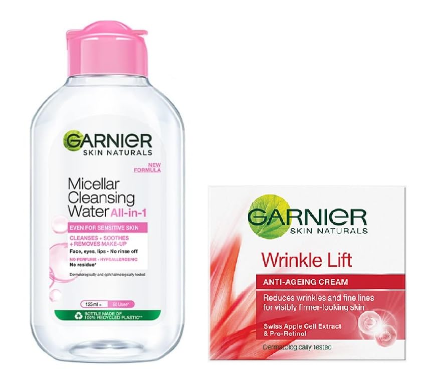 GARNIER Pink Micellar Cleansing Water 125ml & Wrinkle Lift Anti Ageing Cream 40g (PACK OF 2)
