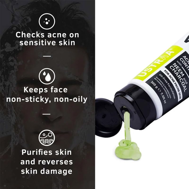 Ustraa Face Wash Acne Control - With Neem & Charcoal - 100 g x 2 - Oil control, Prevents Acne, Especially for Oily skin | Keeps Face Non-Sticky, Non-Oily | No SLS, No Paraben