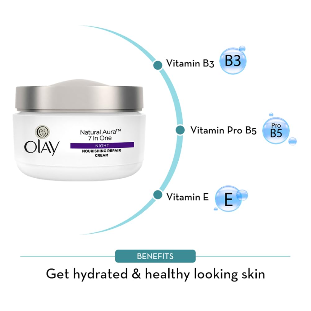 Olay Natural Aura Night Cream | Nourishes Skin for Healthy Glow | Fights 7 Signs of Ageing | With Niacinamide and Vitamin E | Normal, Oily, Dry, Combination Skin | 50g