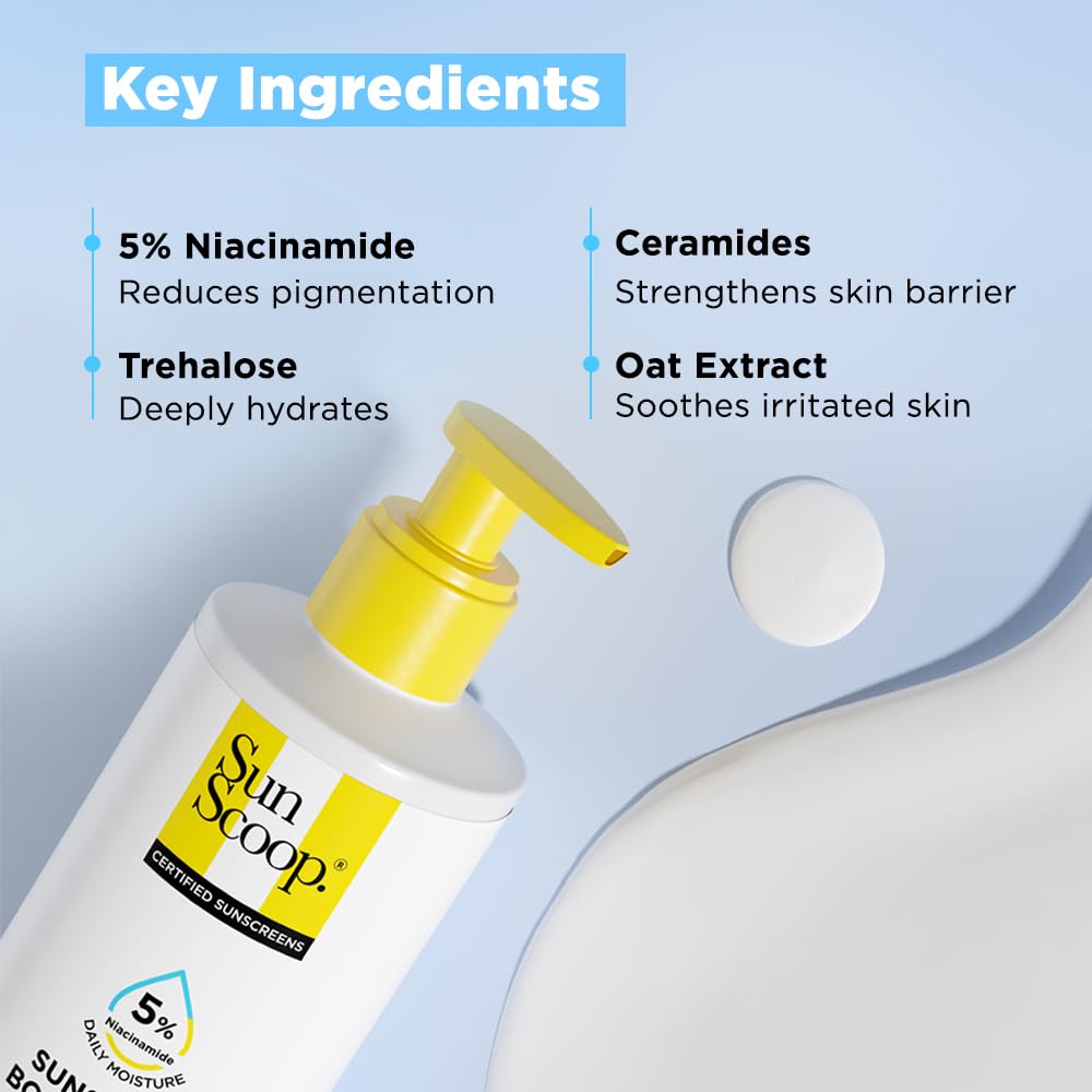SunScoop 5% Niacinamide Daily Moisture Sunscreen Body Lotion SPF 50+ PA++++ | 24-Hours Moisturization | Prevents Tan & Sunburn | Reduces Pigmentation | Lightweight & Non-sticky | Leaves No White Cast | For All Skin Types | Body Sunscreen for Summer | 200