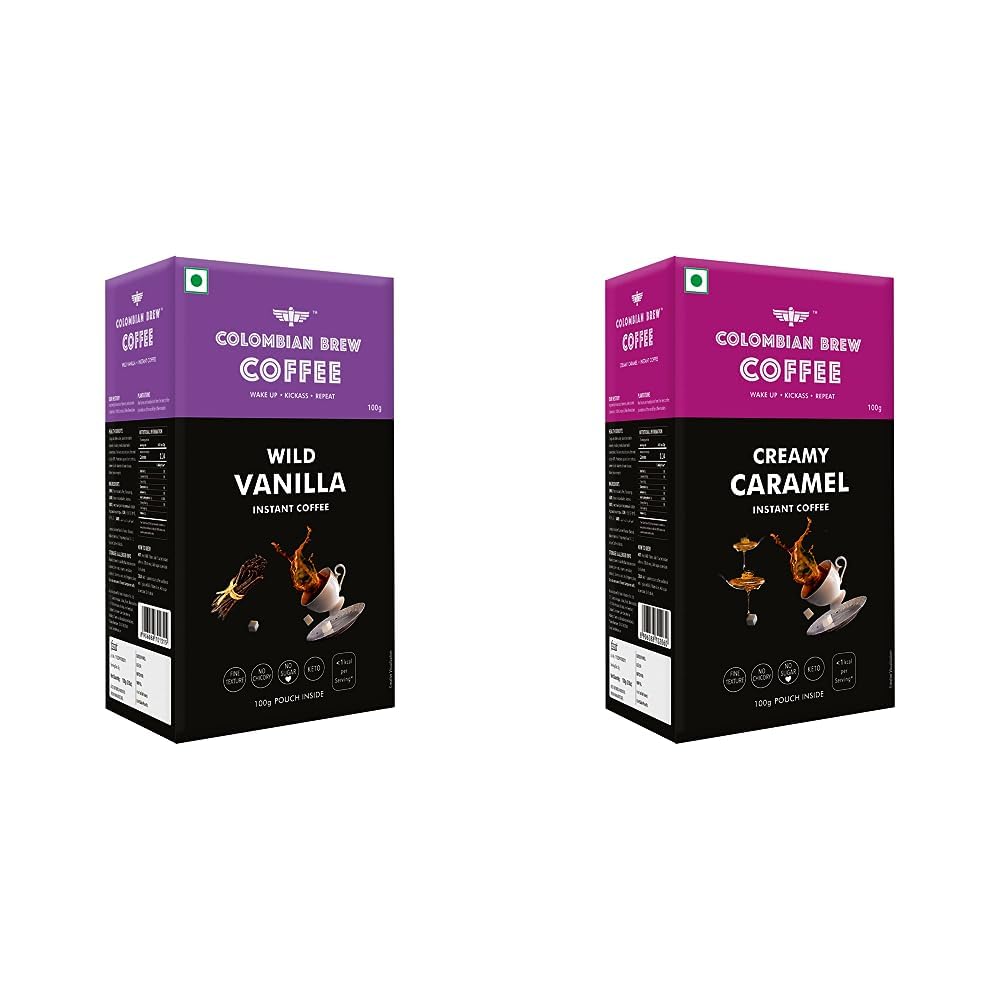 Colombian Brew Vanilla Instant Coffee Powder, No Sugar Vegan, 100g & Colombian Brew Creamy Caramel Instant Coffee Powder, No Sugar Vegan, 100g