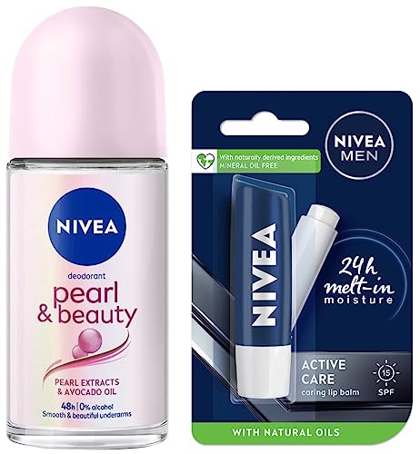 Nivea Deodorant Roll On, Pearl & Beauty for Unisex, 50ml And Lip Care, Active Care Lip Balm, SPF 15 for Men, 4.8g