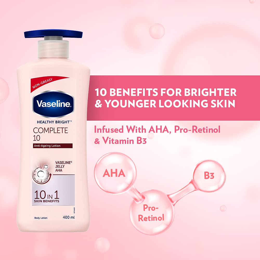 Vaseline Healthy Bright Complete 10 Body Lotion, Anti- Ageing Lotion With Vitamin B3, Aha, Pro-Retinol, 400 ml & Vaseline Intensive Care Deep Moisture Nourishing Body Lotion 400 ml