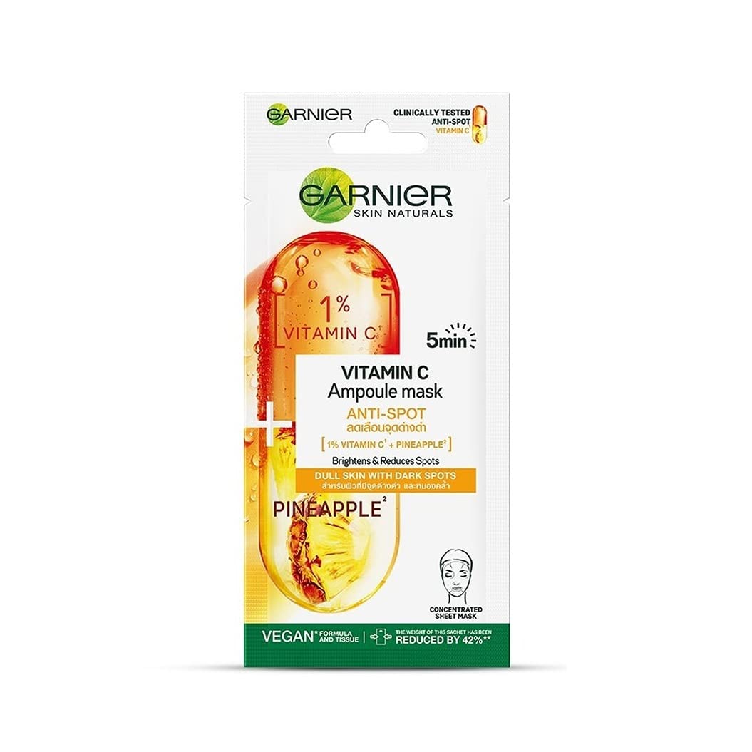 Garnier Skin Naturals, Micellar Cleansing Water, 125ml & Garnier Vitamin C Serum Ampoule Face Sheet Mask With Pineapple - For Dull Skin And Acne Spots