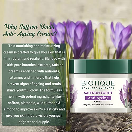 Biotique Saffron Dew Youthful Moisturizer Cream| Protects Skin Cells | Prevents Ageing And Retains Youthful Glow | 100% Botanical Extracts | Suitable For All Skin Types | 50Gm