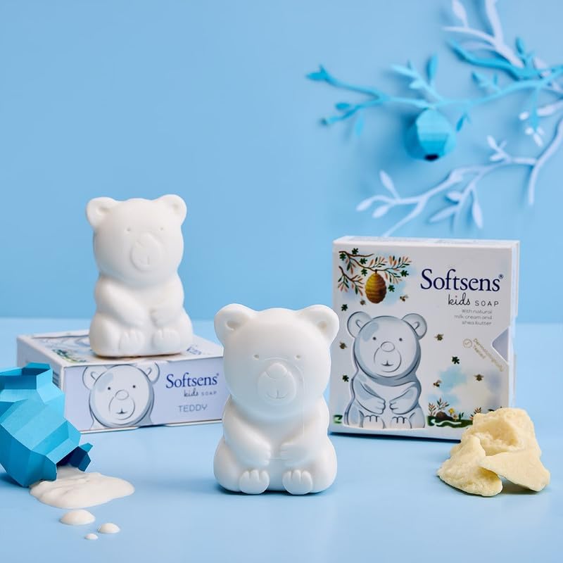 Softsens Kids Teddy Bear Soap| Grade 1 Soap| Infused Shea Butter & Milk Cream |Dermatologist Tested| Shape Soap (Pack of 3,75g each)