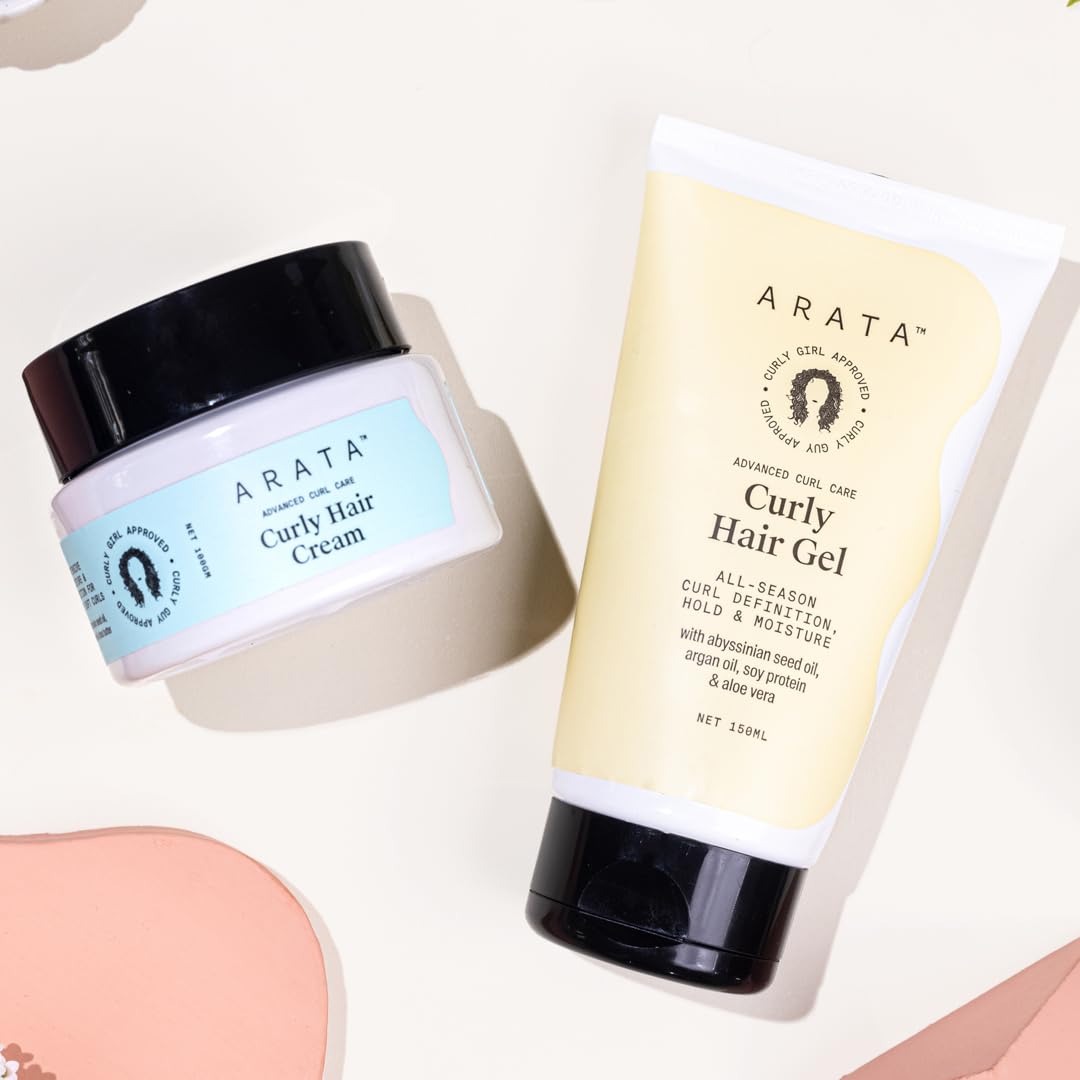 Arata Curl Styling Combo of 2 - Curl Cream (100gm) & Gel (150ml) | for Frizzy, Wavy, Curly, Coily Hair | Intensive Moisture & All-Season Curl Definition | No Sulphate,Paraben,Silicone | CG Approved