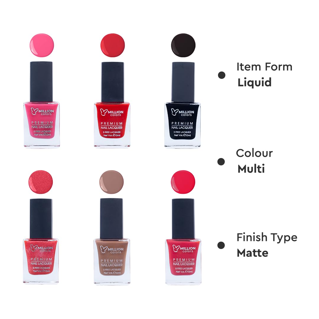 Million Colors Nail Polish Combo Pack of 6 | Long Lasting Nail Paint Quick Drying, Chip-Resistant, High Shine | Non Toxic & Paraben Free | Gift Set for Women (Multi 2, 10 ml)