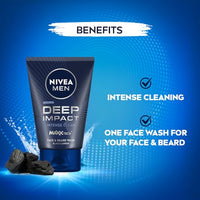 NIVEA MEN Deep Impact Face Wash 100g | With Black Carbon | Intense Clean, For Beard & Face | Removes Oil and Impurities