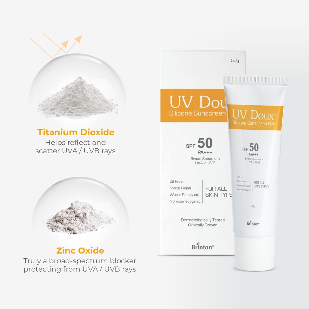 Brinton UV Doux Silicone Sunscreen Gel with SPF 50&PA+++ Broad Spectrum for Face & Body with No White Cast|Non Comedogenic,Paraben Free,Water Resistant|Clinically Proven & Dermatologist Approved,50gm