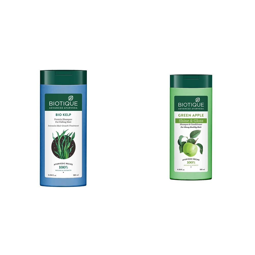 Biotique Bio Kelp Protein Shampoo for Falling Hair Intensive Hair Regrowth Treatment, 180ml & Biotique Bio Green Apple Fresh Daily Purifying Shampoo and Conditioner for Oily Scalp and Hair, 180m