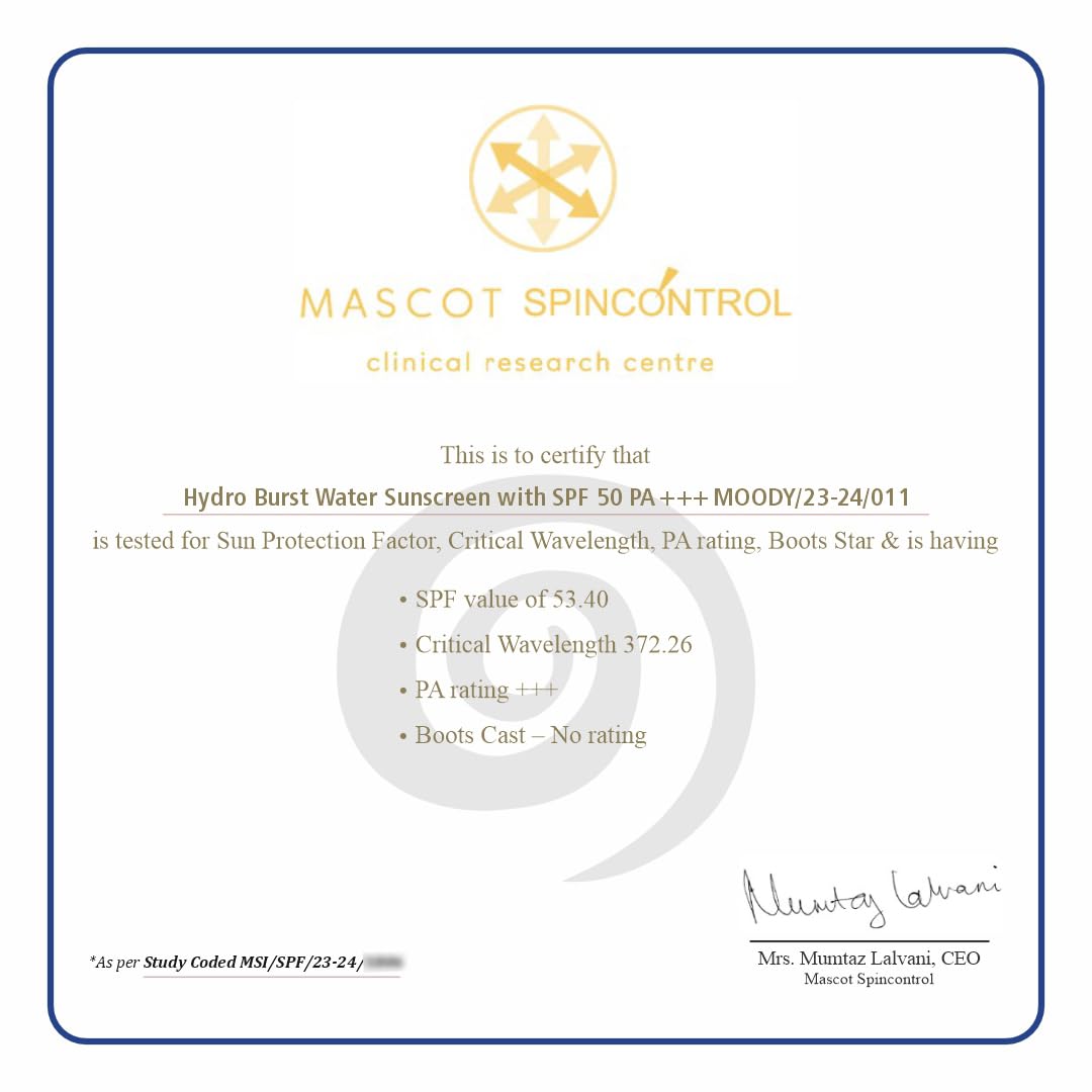 Moody Hydro Burst Water Sunscreen With Hyaluronic & SPF 50 PA ++++ UVA/B Protection | Brightening Sunscreen With No White Cast, Lightweight & Non Greasy | For Oily & Combination Skin | 50ml