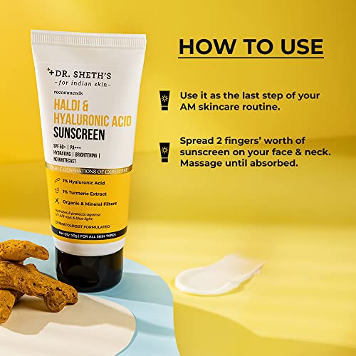 Dr. Sheth's Haldi & Hyaluronic Acid Sunscreen with 1% Hyaluronic Acid | Spf 50+ Pa+++ | Protects Against UVA/B & Blue Light | Hydrating & Brightening | For Men & Women | For All Skin Type | 50 g x 2