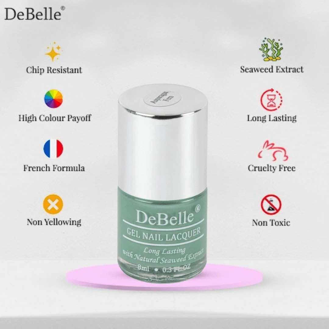 DeBelle Gel Nail Lacquer Asparagus Fern (Sea Green) 8ml Enriched With Natural Seaweed Extract, Cruelty Free, Toxic Free (Glossy Finish)