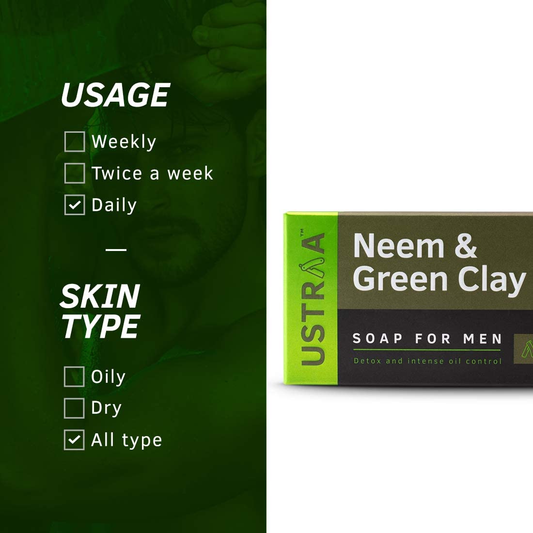 Ustraa Neem & Green Clay Soap For Men - 100 gm - Pack of 8 | Detox & Oil Control | Cleansing with Lasting Fragrance | Rich & Intense Foam | For All Skin Types