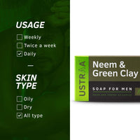 Ustraa Neem & Green Clay Soap For Men - 100 gm - Pack of 8 | Detox & Oil Control | Cleansing with Lasting Fragrance | Rich & Intense Foam | For All Skin Types